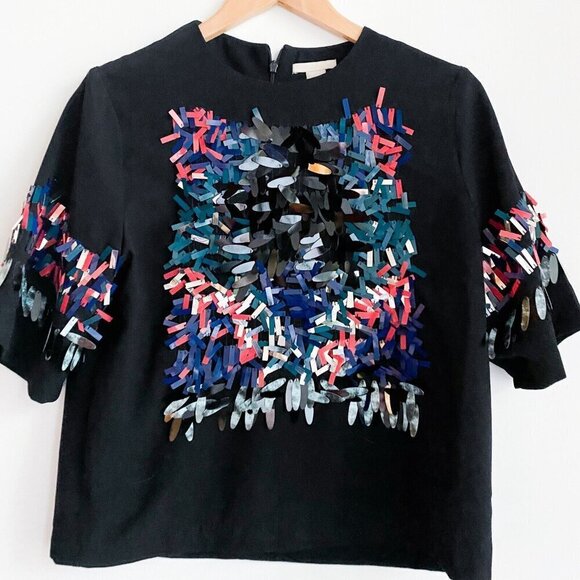 H&M Black Cropped Glitter Sequence Embellished Top 2 - Picture 2 of 5